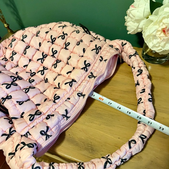 NWOT Katydid Pink Quilted Shoulder Bag with Black Bow Accents - Picture 10 of 13